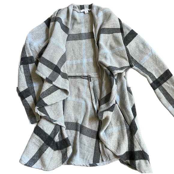 FAVLUX GRAY / BLACK / LIGHT BLUE PLAID WINDOW PANE DRAPE COAT SIZE SMALL - Picture 4 of 8